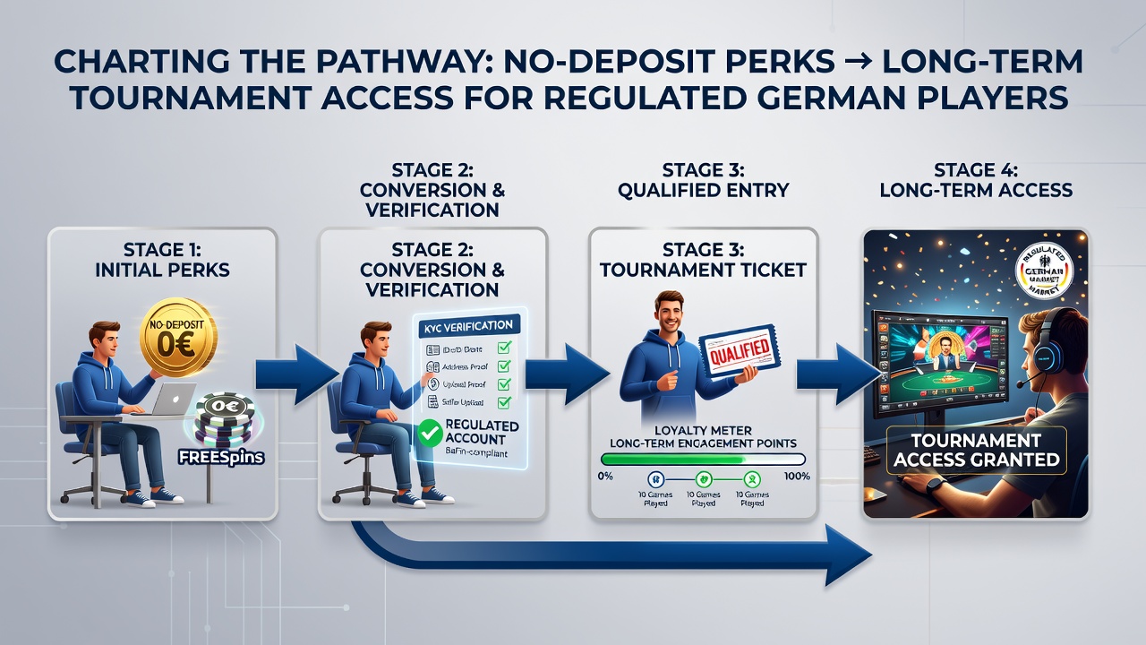 Visualisierung der gestaffelten Belohnungspfade von No-Deposit zu Premium-Turnieren in deutschen Online-Poker-Ökosystemen