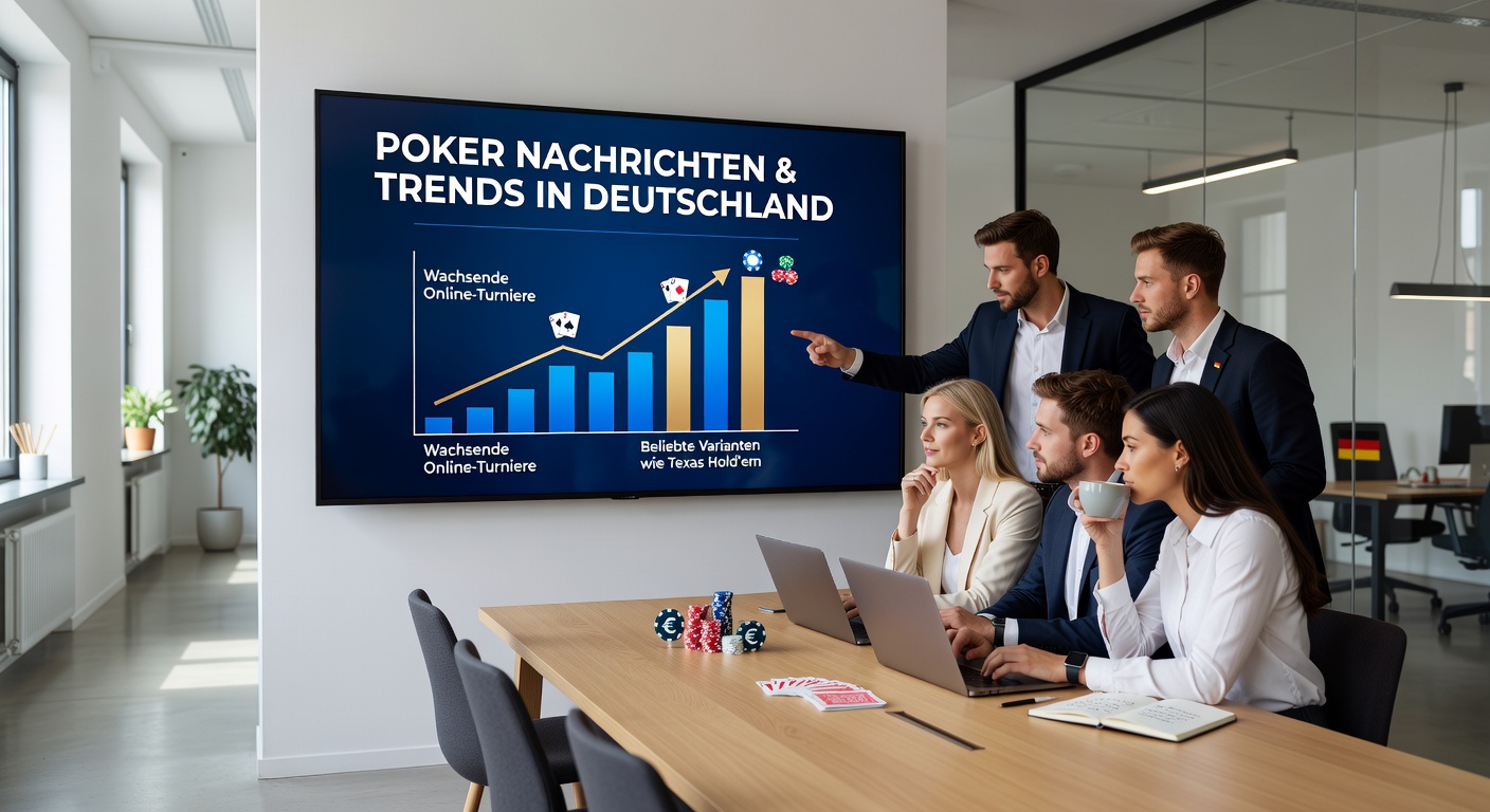 Spielbank Berlin bei Nacht mit Pokerturnier-Atmosphäre, beleuchtetes Gebäude und Pokertische im Vordergrund