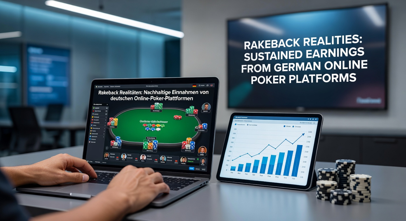 Darstellung eines Poker-Tisches mit Rakeback-Berechnungen und typischen deutschen Plattform-Logos, die nachhaltige Einnahmen illustrieren