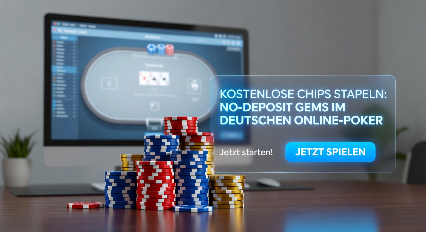 Online-Poker-Schnittstelle mit No-Deposit-Bonus-Banner und Stapel virtueller Chips