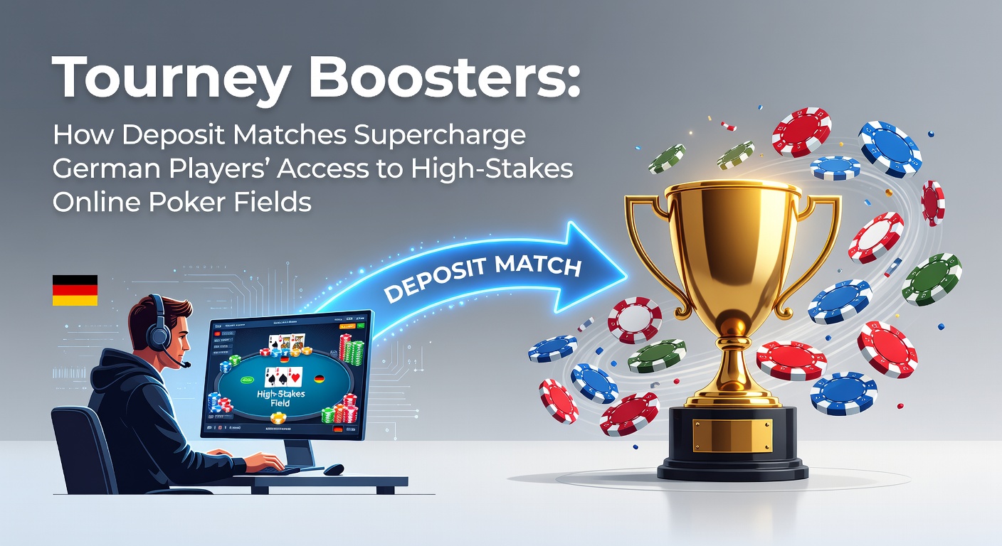Grafik zeigt einen Poker-Spieler am Laptop mit steigenden Chip-Stacks und Deposit-Match-Boni, die Turnier-Eintritte boosten