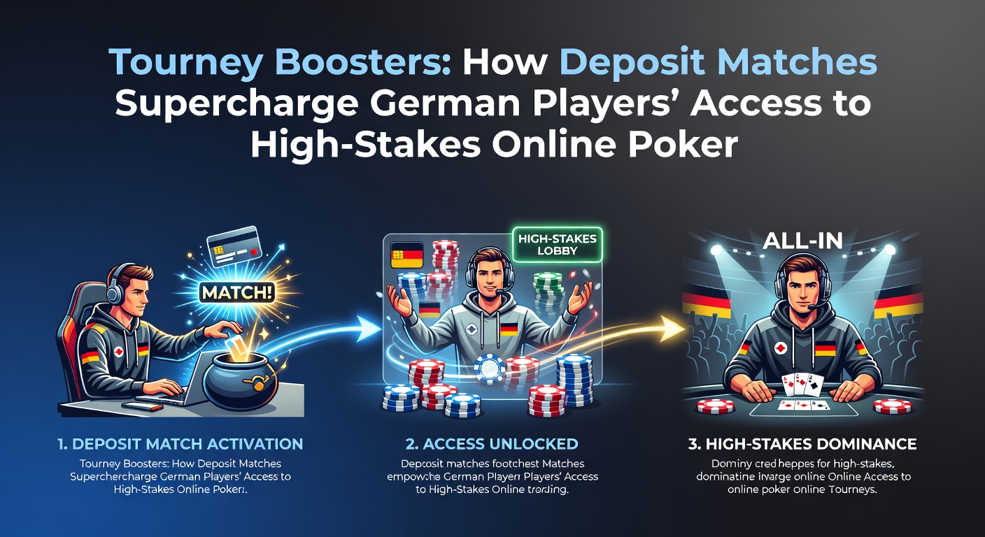 Screenshot eines Poker-Clients mit Deposit-Match-Bestätigung und High-Stakes-Turnier-Lobby, inklusive Chip-Stacks und Preispool-Anzeige