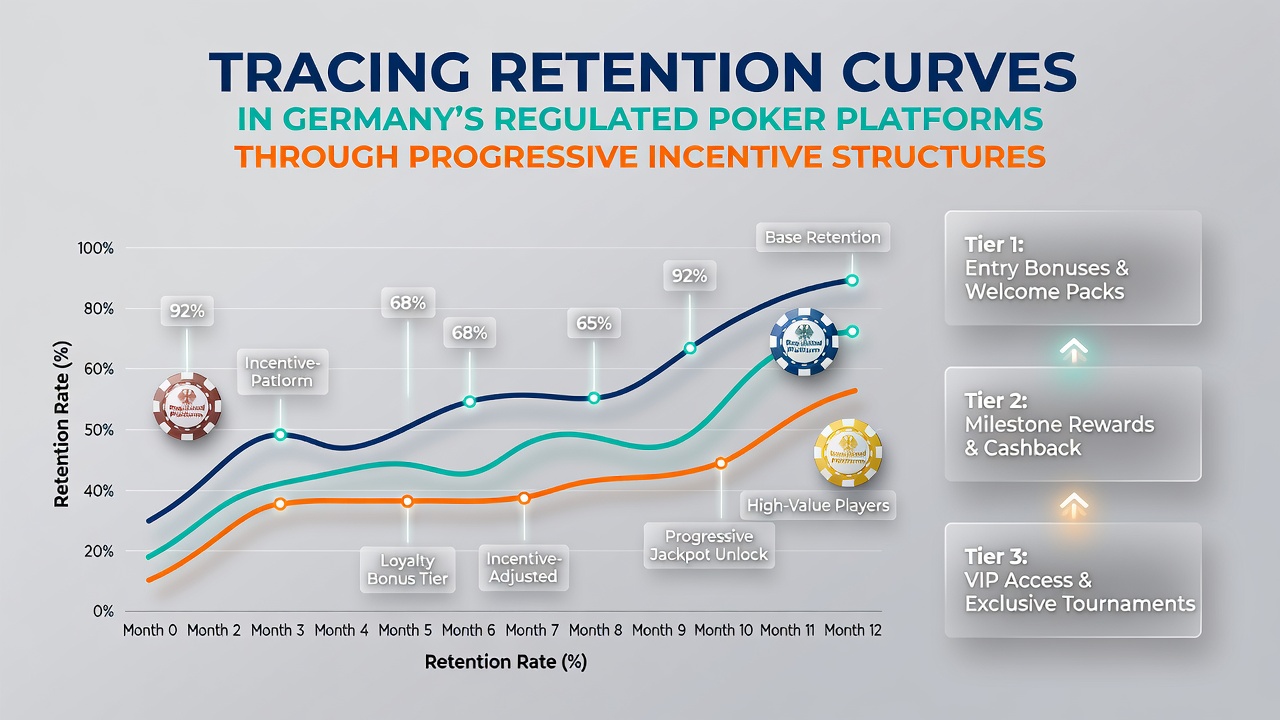 Grafik zu Retentionskurven auf regulierten Poker-Plattformen in Deutschland mit Fokus auf progressive Anreize